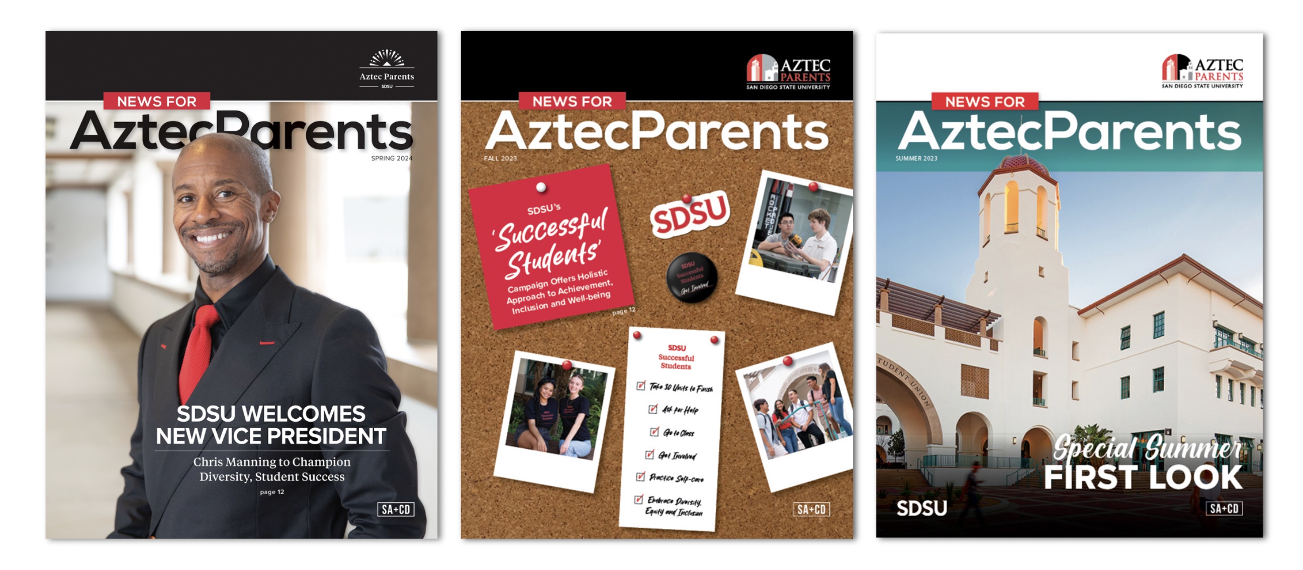 spring 2024, fall 2023 and summer 2023 editions of nspp aztec parents magazine