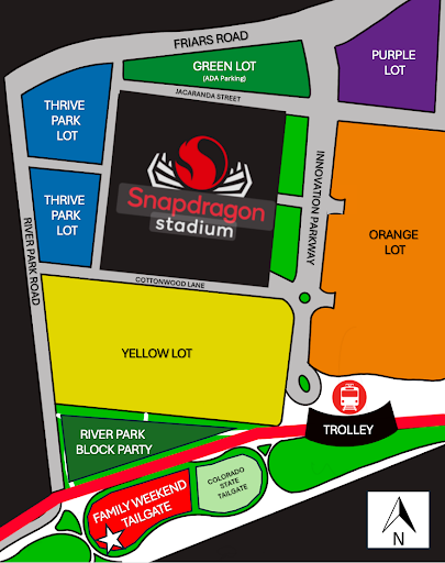 snap dragon parking map shows green lot above stadium and yellow lot below with riverpark at the very bottom where the tailgate is
