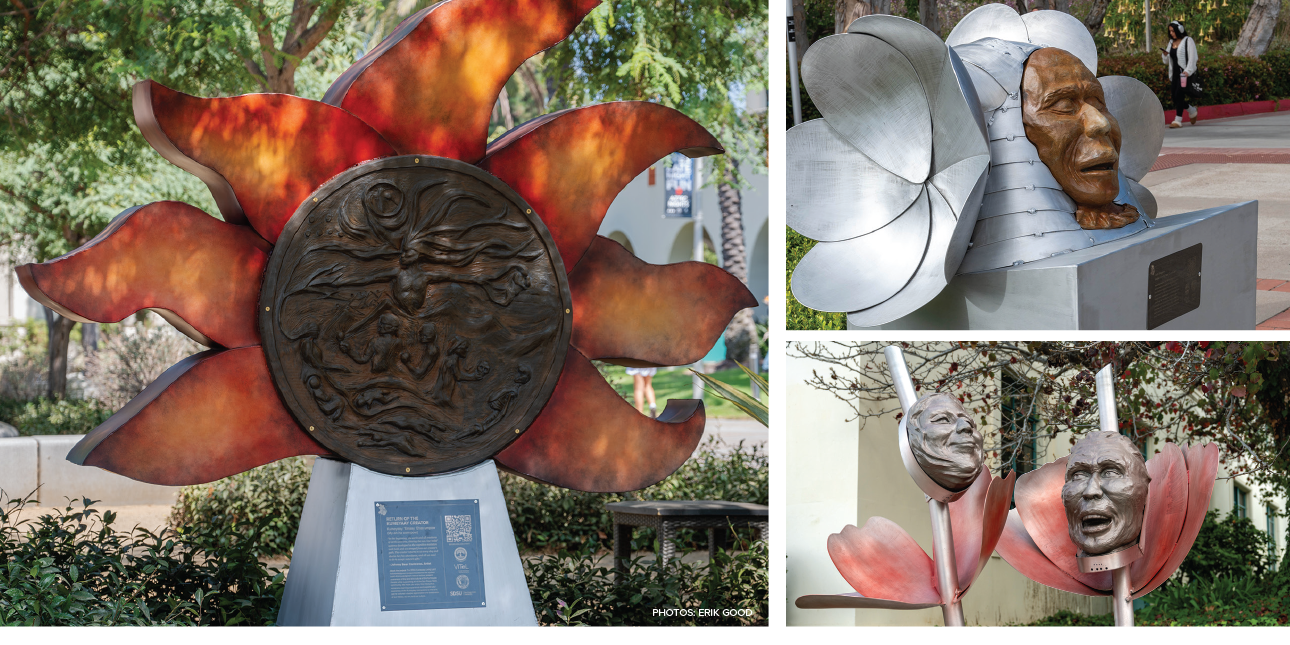 sculptures from the living land acknowledgement - one looks like a sunglower, the other two are native head dress